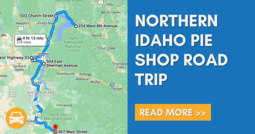 Map showing a road trip route in Northern Idaho to various pie shops, with estimated travel time and distance.