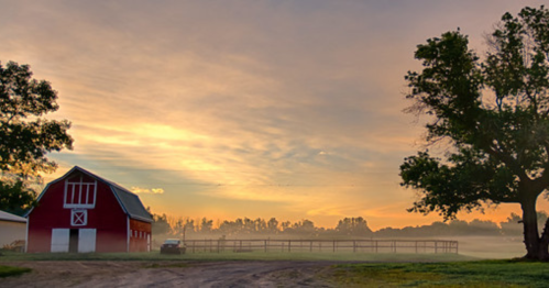 A red barn stands in a misty field at sunrise, with trees and a fence in the background under a colorful sky.