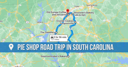 Map showing a pie shop road trip route in South Carolina, highlighting various bakeries and dessert spots.