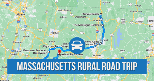 Map highlighting a rural road trip route in Massachusetts, featuring key stops like Kringle Candle and Ashintully Gardens.