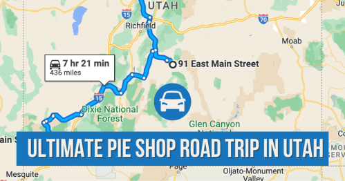 Map showing a road trip route in Utah, highlighting the "Ultimate Pie Shop Road Trip" with a distance of 436 miles.