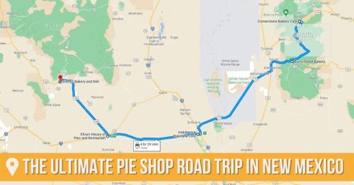 Map showing a road trip route in New Mexico, highlighting various pie shops and bakeries along the way.