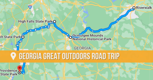 Map showing a road trip route through Georgia, highlighting parks and landmarks like High Falls and Ocmulgee Mounds.