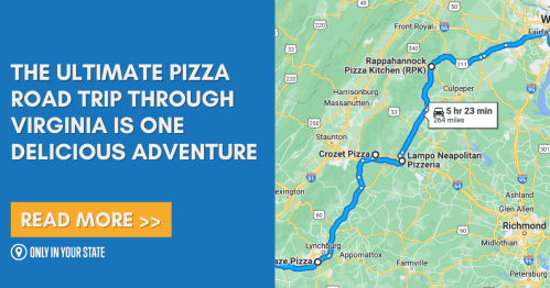 Map highlighting a pizza road trip route through Virginia, with a title and a call to action to read more.