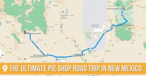 Map showing a road trip route in New Mexico, highlighting various pie shops and bakeries along the way.