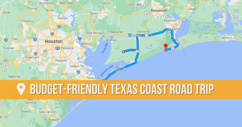 Map highlighting a budget-friendly road trip route along the Texas coast, starting near Houston.