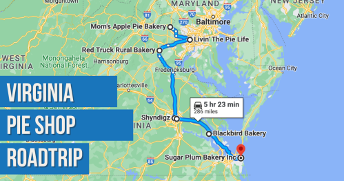 Map showing a road trip route through Virginia to various pie shops, including distances and travel time.
