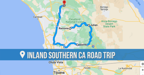 Map of an Inland Southern California road trip route, highlighting areas like Julian, Ramona, and Alpine.