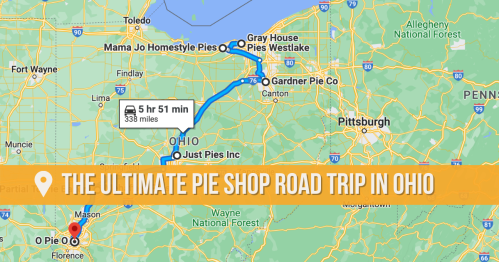 Map showing a road trip route in Ohio, highlighting pie shops: Mama Jo's, Gray House, Just Pies, and Gardner Pie Co.