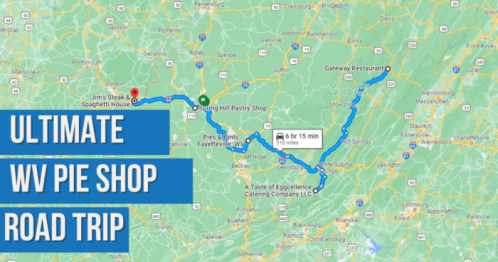 Map showing the route for the "Ultimate WV Pie Shop Road Trip," highlighting various pie shops and restaurants.