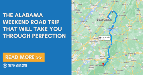 Map highlighting a scenic road trip route in Alabama, with text promoting a weekend adventure.