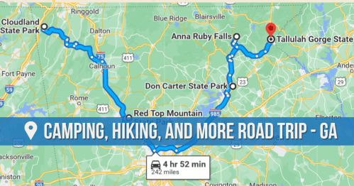 Map showing a road trip route in Georgia for camping and hiking, highlighting key locations and travel time.