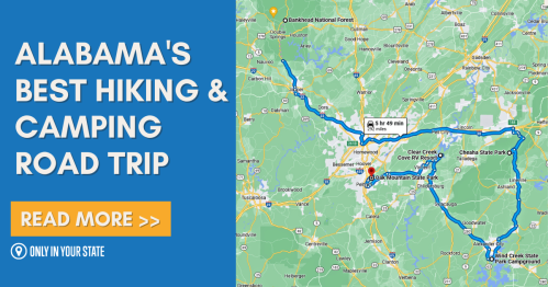 Map highlighting Alabama's best hiking and camping road trip routes with text promoting the adventure.