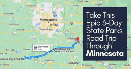 Map showing a 3-day road trip route through Minnesota's state parks, highlighting key locations and travel time.