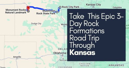 Map highlighting a road trip route through Kansas, featuring Monument Rocks and Mushroom Rock State Park.