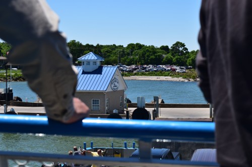 A view of a marina with a small building and parked cars in the background, seen from a boat.