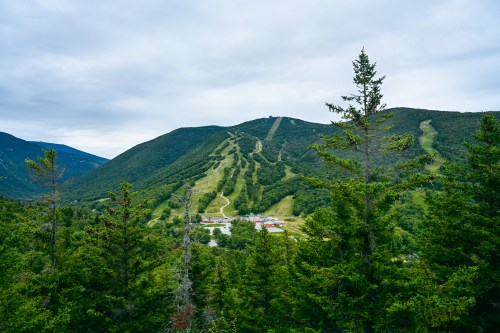 A scenic view of a mountain with ski trails, surrounded by lush green trees under a cloudy sky.