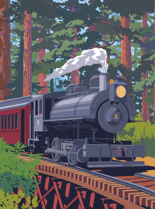 A vintage steam train chugs along a wooden track through a lush forest, with smoke billowing from its chimney.