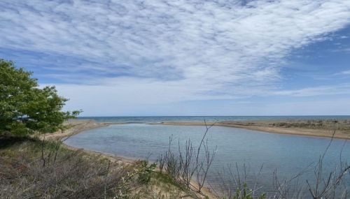 A serene landscape featuring a calm body of water, sandy shore, and a blue sky with scattered clouds.