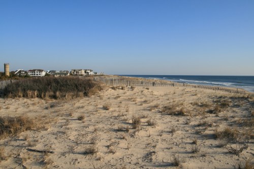 A sandy beach with sparse vegetation, ocean waves, and distant houses under a clear blue sky.