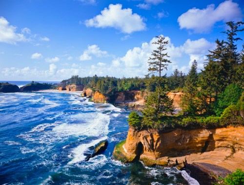 Scenic coastal view with cliffs, lush trees, and waves crashing against the shore under a blue sky with fluffy clouds.