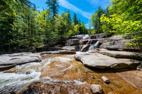 A serene landscape featuring a waterfall cascading over rocks, surrounded by lush green trees under a clear blue sky.