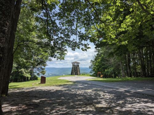 A lookout tower surrounded by trees, with a gravel path leading up to it under a partly cloudy sky.