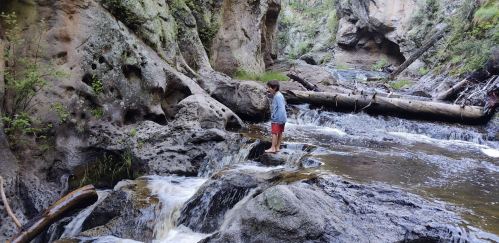 A person stands on rocks by a flowing river, surrounded by lush greenery and rocky cliffs.
