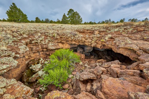 A rocky cave entrance surrounded by grass and trees under a cloudy sky.