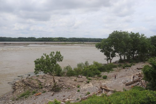 A riverbank scene with a muddy river, scattered rocks, and trees under a cloudy sky, with people walking along the shore.