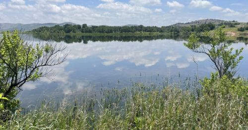 A serene lake reflects clouds and trees, surrounded by lush greenery and distant hills under a blue sky.