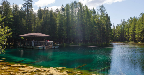 A serene lake surrounded by trees, featuring a wooden dock and a small pavilion on the water's edge.