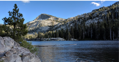 A serene lake surrounded by rocky mountains and tall pine trees under a clear blue sky.