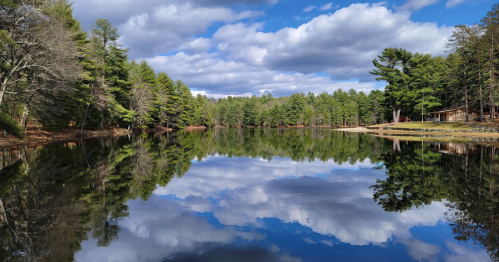 A serene lake reflecting fluffy clouds and lush green trees under a blue sky.