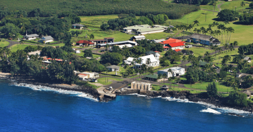 Aerial view of a coastal village with lush greenery, houses, and palm trees along the shoreline.