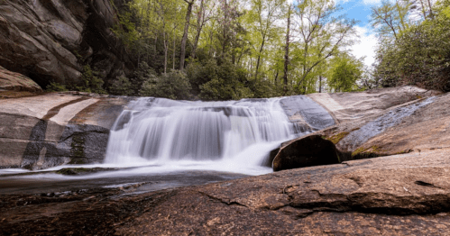 A serene waterfall cascades over smooth rocks, surrounded by lush greenery and a bright blue sky.