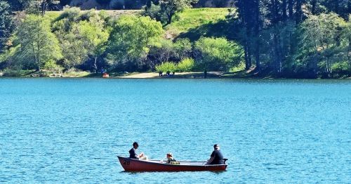 A small boat with two people and a dog floats on a calm blue lake, surrounded by lush greenery and trees.