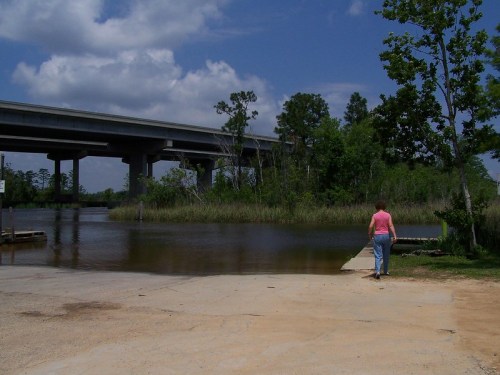 A person walks along a path by a river, with a bridge overhead and lush greenery in the background.