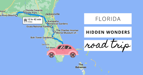 Map of Florida highlighting a road trip route to hidden wonders, featuring a pink car icon and notable destinations.