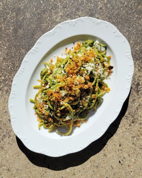 A white plate holds a serving of green pasta topped with breadcrumbs and cheese, set against a textured surface.