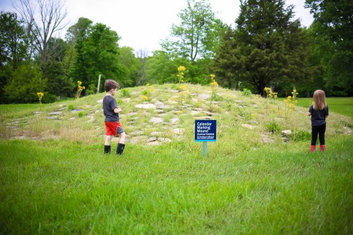 Two children stand on a grassy hill with a sign that reads "Calendar Mound" surrounded by trees and wildflowers.