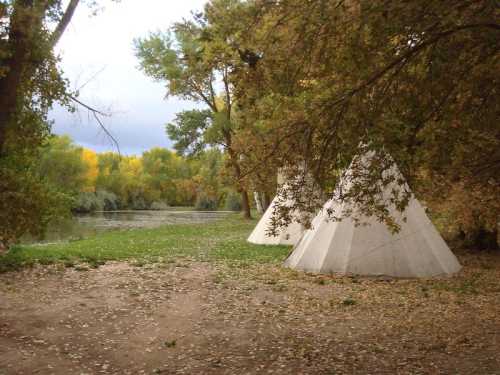 Two teepees beside a river, surrounded by trees with autumn foliage and fallen leaves on the ground.