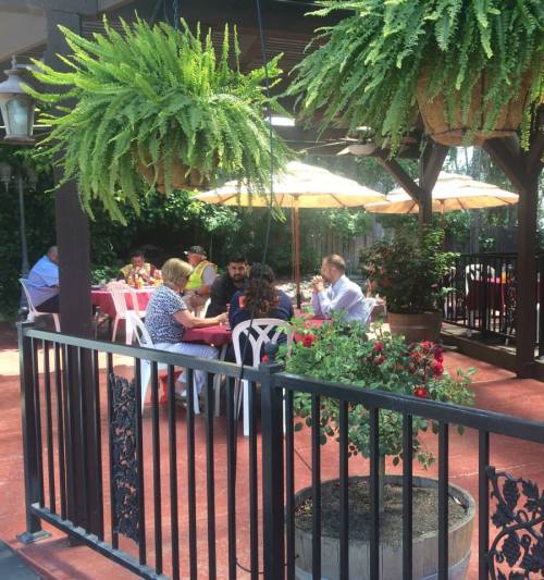 A group of people dining outdoors under umbrellas, surrounded by greenery and flowers in a cozy setting.
