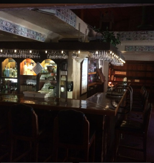 A dimly lit bar with a wooden counter, shelves of liquor, and hanging glasses, creating a cozy atmosphere.