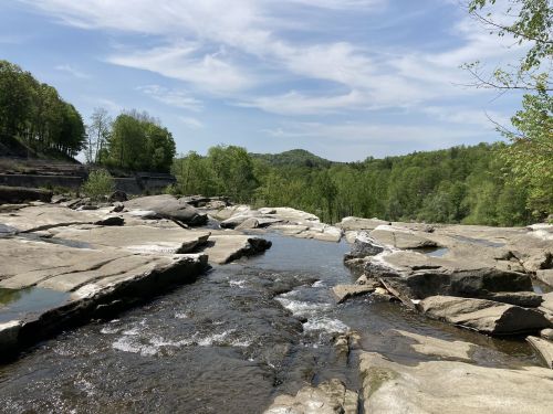 A serene river flows over rocky terrain, surrounded by lush green trees and a clear blue sky.
