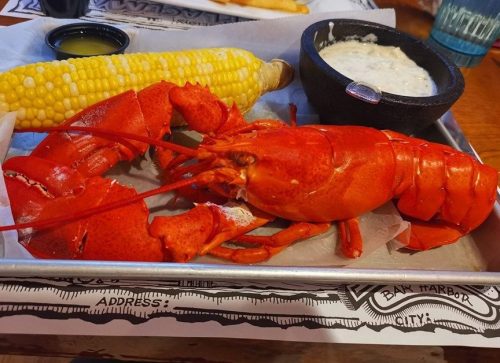 A vibrant red lobster on a tray, accompanied by corn on the cob and a small bowl of dipping sauce.