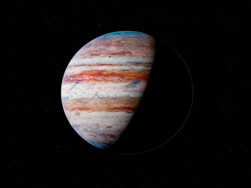 A detailed view of Jupiter, showcasing its colorful bands and shadowed hemisphere against a black background.