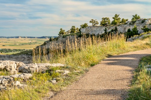 A winding path leads through tall grass and rocky terrain, with rolling hills and a cloudy sky in the background.