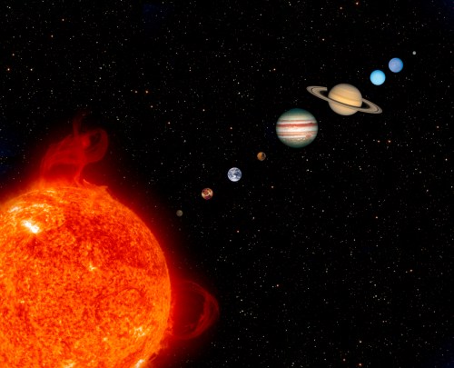 A vibrant depiction of the solar system, featuring the Sun and planets arranged in a line against a starry background.