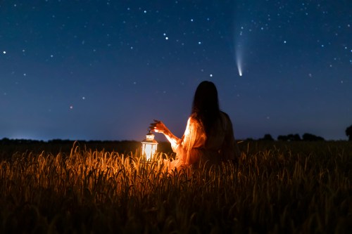 A person sits in a field at night, holding a lantern, with a comet visible in the starry sky above.